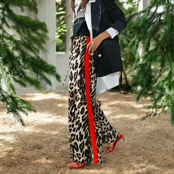 HOT! Leopard Print Wide-Leg Pants with Red Stripe (Multiple Sizes Available) - Picture 4 of 14